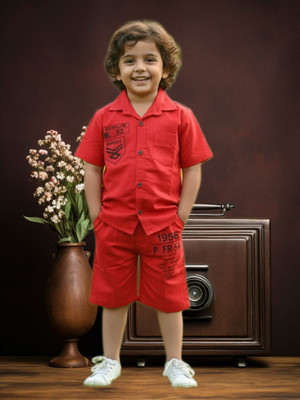 FASHION GRAB Boys Casual Shirt Shorts(Red)