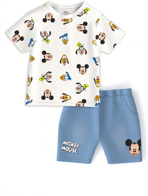 NautiNati Baby Boys Mickey Casual T-shirt Shorts(White, Blue)