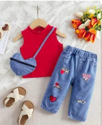 MIRAJ Girls Party(Festive) Top Jeans(Red & Blue)