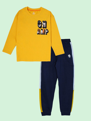 KiddoPanti Boys Casual T-shirt Track Pants(Yellow & Navy Blue)
