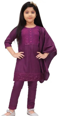 NIVARACREATION Girls Party(Festive) Kurta Pyjama(Purple)