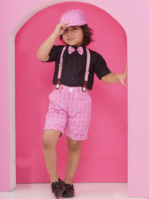 AJ Dezines Boys Party(Festive) Dungaree and Romper Cap, Bow Tie(Pink)