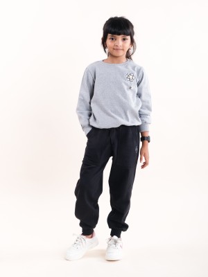 KiddoPanti Girls Casual Sweatshirt Track Pants(Grey Melange & Black)