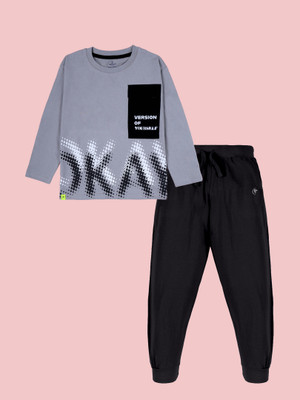 KiddoPanti Boys Casual T-shirt Track Pants(Grey & Jet Black)