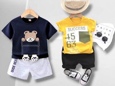 NHUMAI Baby Boys & Baby Girls Casual T-shirt Shorts(NAVY BLUE, YELLOW)