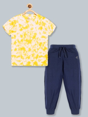 KiddoPanti Boys Casual T-shirt Track Pants(Yellow & Navy)