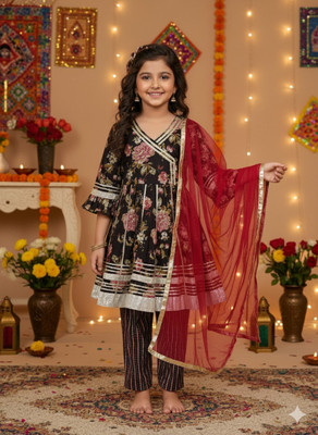 Rangi Saga Baby Girls Festive & Party Kurta and Palazzo Set(Black Pack of 1)