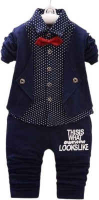 LORFASHION Baby Boys Party(Festive) Shirt Track Pants, Jacket, Bow Tie(Blue)