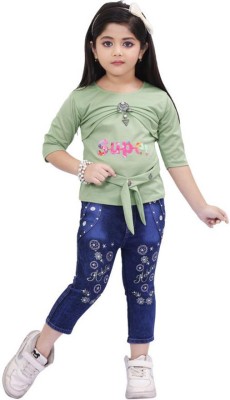 JIYAN FASHION WORLD Girls Party(Festive) Top Jeans(Green)