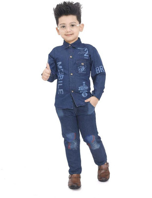 SRFASHION Boys Casual Shirt Pant(Denim Blue)
