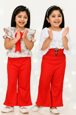 GREEN DRAGONFLY Girls Casual Top Pant(White & Red)