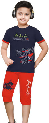ASwings Boys Casual T-shirt Shorts(Dark Blue, Red)