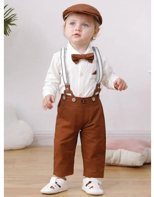 HouseOfCommon Baby Boys Party(Festive) Shirt Dungaree, Tie(BROWN, white)