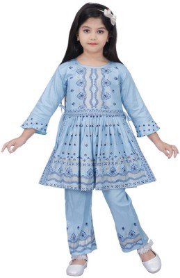 LINK KWALITY Girls Festive & Party Kurta and Palazzo Set(Light Blue Pack of 1)