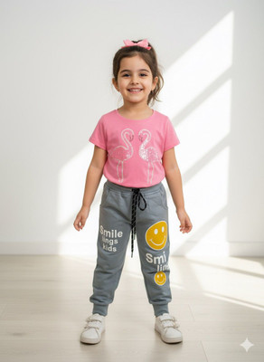 Silakaari Baby Boys & Baby Girls Casual T-shirt Trouser(Pink-Grey)