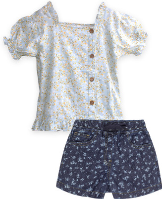 KiddoPanti Girls Casual Top Shorts(Lt Blue & Dk Blue)