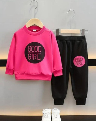 MUSNAHGARMENTS Baby Girls Casual T-shirt Pyjama(Rani and Black)