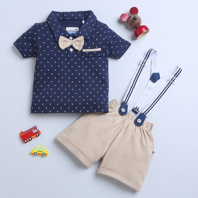 BUMZEE Boys Party(Festive) T-shirt Shorts, Suspenders(Beige & Navy)