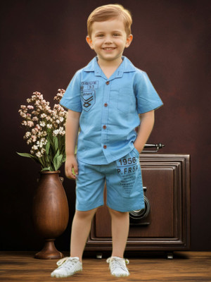 FASHION GRAB Boys Casual Shirt Shorts(Blue)