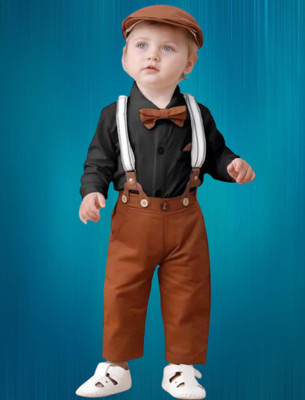 JANNIFASHION Baby Boys Casual Shirt Belt, Bow Tie, Cap, Shirt, Pant(BLACK, KAKHI)