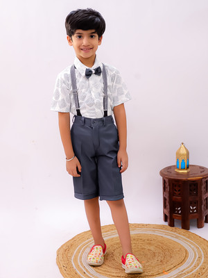 HouseOfCommon Boys Party(Festive) Shirt Shorts, Suspenders, Bow Tie(Grey)