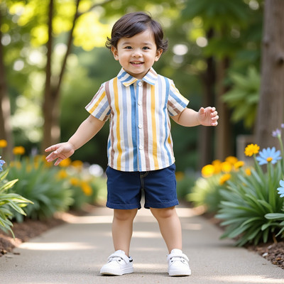 D MON VY Boys Casual Shirt Shorts(MULTI STRIPES NAVY)