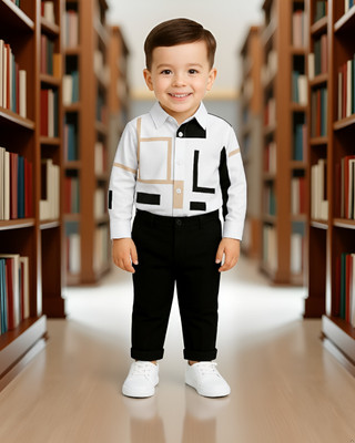 menvy Baby Boys Party(Festive) Shirt Pant(WHITE GEOMETRIC PATTERN)