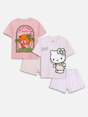 Nap Chief Girls Casual T-shirt Shorts(Pink/Light Purple)