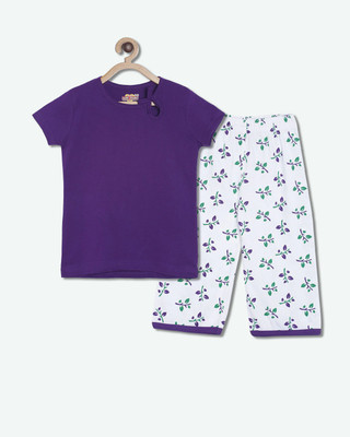 SINI MINI Girls Casual Pyjama Sleepsuit(PUR_LEAF)