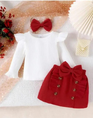 ritviz Baby Girls Party(Festive) Top Skirt(White & Red)