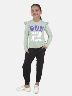 KiddoPanti Girls Casual T-shirt Track Pants(Lt Green & Jet Black)