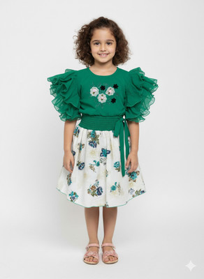 Girijesh Singh Girls Party(Festive) Top Skirt(Green)