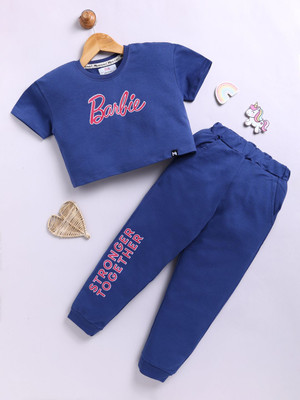 YK X Minute Mirth Boys & Girls Barbie Casual T-shirt Pant(Navy Blue)