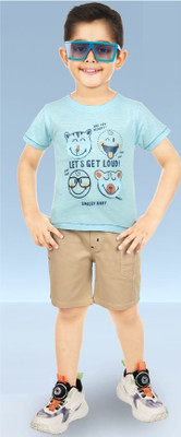 Choo Choo Boys Casual Shirt Shorts(Sky Blue & Tan)