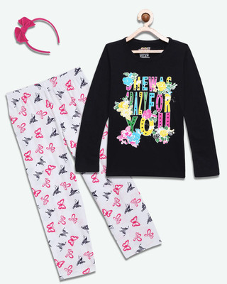 SINI MINI Girls Casual Pyjama Sleepsuit(BLK_BFLY)