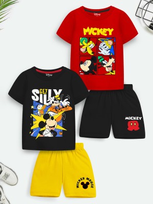 YK Disney Boys & Girls Mickey Casual T-shirt Shorts(Red, Black)