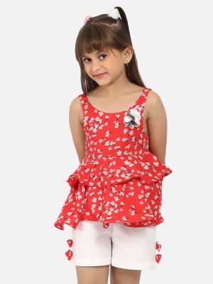 NautiNati Girls Casual Top Shorts(Red-White)