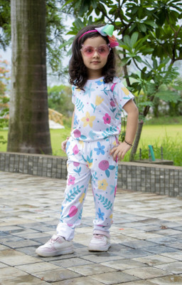 Piku Store Baby Girls Casual T-shirt Track Pants(White-Floral)