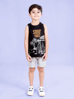 KiddoPanti Boys Casual T-shirt Shorts(Black & Steel Grey)