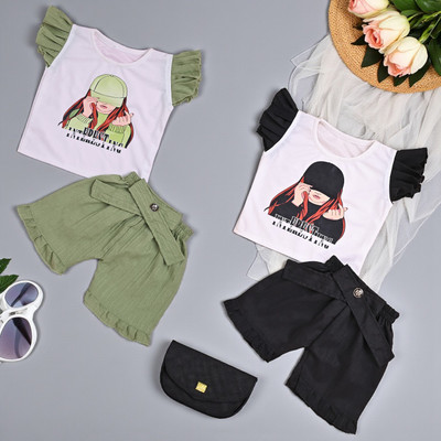 SM Avenew Store Baby Girls Casual T-shirt Shorts(Green & Black)