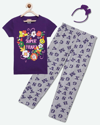 CLAEL Girls Casual Pyjama Sleepsuit(PUR_ABC)