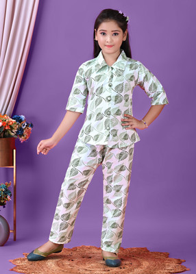 Kidzfashion Girls Casual Top Pant(GREENLEAFPRINT)