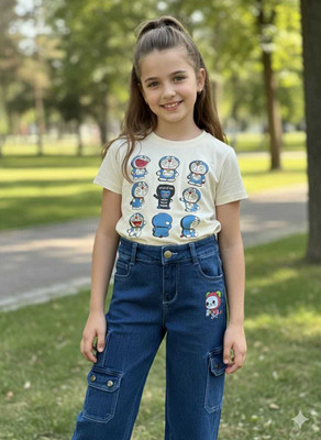 Silakaari Baby Boys & Baby Girls Doraemon Casual T-shirt Jeans(White-Blue)