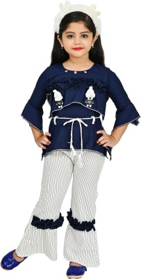 MRM CREATION Girls Party(Festive) Top Pant(Blue, White)