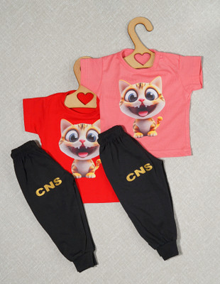 craze n stitch Baby Boys Casual T-shirt Pant(RED AND PEACH)