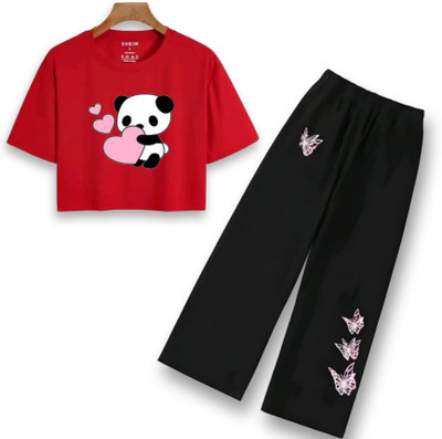 Bellame Girls Kung Fu Panda Casual T-shirt Pyjama(RED)
