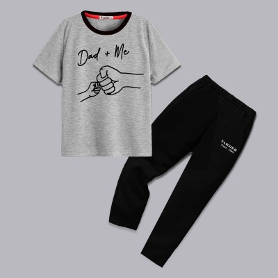 tarsier Boys Casual T-shirt Track Pants(Dad+me Grey mel s.slv_Black pant)