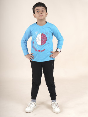 KiddoPanti Boys Casual T-shirt Track Pants(Aqua Blue & Jet Black)