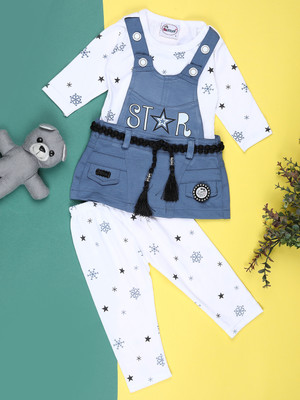 V-MART Baby Girls Casual Top Dungaree(Blue & White)