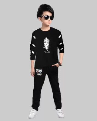 LILBITS Boys Casual T-shirt Track Pants(Black)